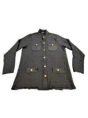 Vintage Dialogue Shirt Jacket Women Medium Black Military Button Up Longline Y2K